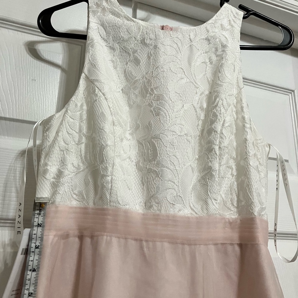 Azazie White Lace Top with Blush Pink Satin Waist Girls Dress